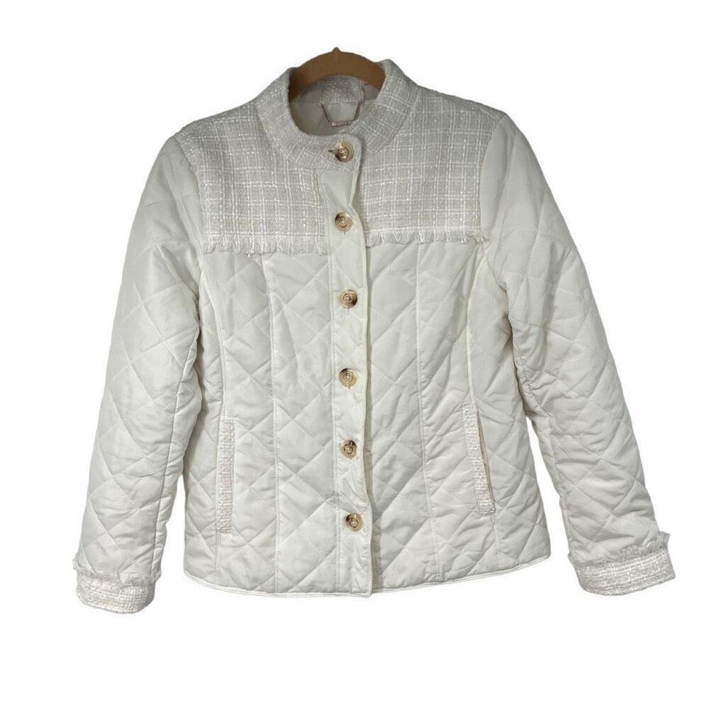 Chico’s White Gold Accents‎ Tweed Pieced Quilted Jacket Womens 4/6 Chico’s 0
